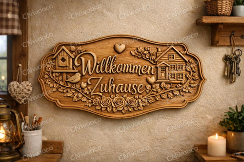 Fichier CNC panneau Bienvenue à la maison – bas-relief bois avec nichoir et cottage pour sculpture CNC, décoration murale STL