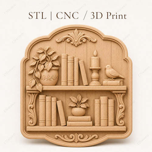 CNC & impression 3D relief bibliothèque avec livres plante bougie et oiseau, fichier STL très haute qualité