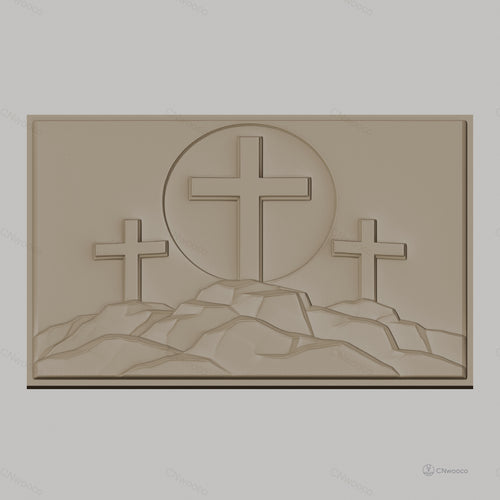 Fichier CNC & impression 3D thème religieux, trois croix sur monts, haute qualité relief STL
