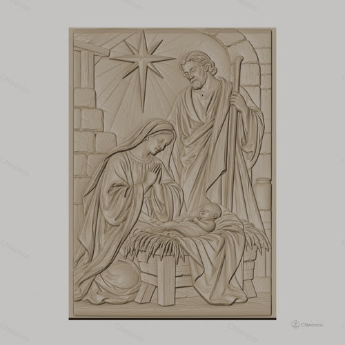 Fichier CNC & impression 3D scène de la nativité, Marie Joseph et bébé Jésus avec étoile, haute qualité relief STL