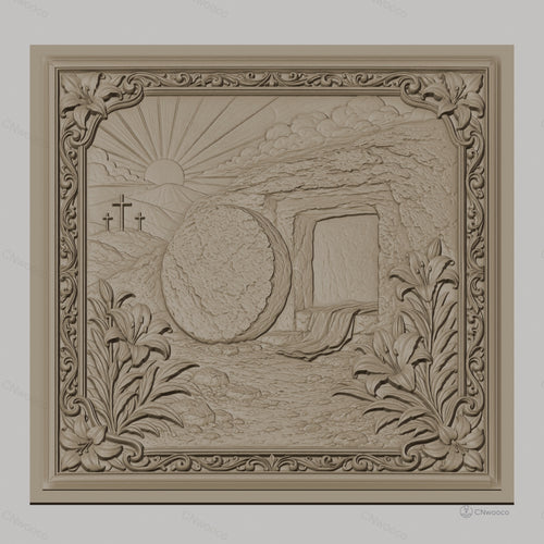 Fichier CNC & impression 3D tombeau vide de Jésus, croix et lys, haute qualité relief STL