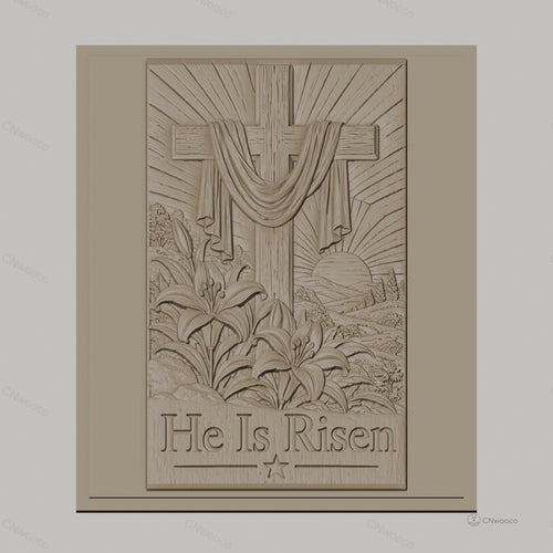 Fichier CNC & impression 3D Croix chrétienne, lys en relief avec texte He Is Risen, haute qualité relief STL