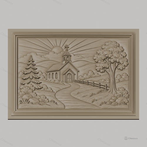 Fichier CNC & impression 3D église de campagne, paysage religieux avec soleil et arbres, haute qualité relief STL