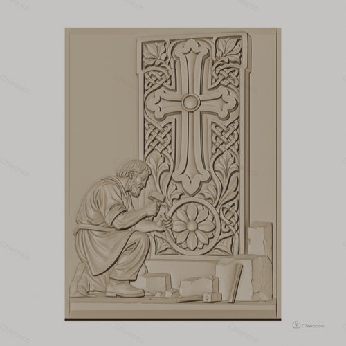 Fichier CNC & impression 3D artisan tailleur de pierre, croix sculptée et motifs floraux, haute qualité relief STL