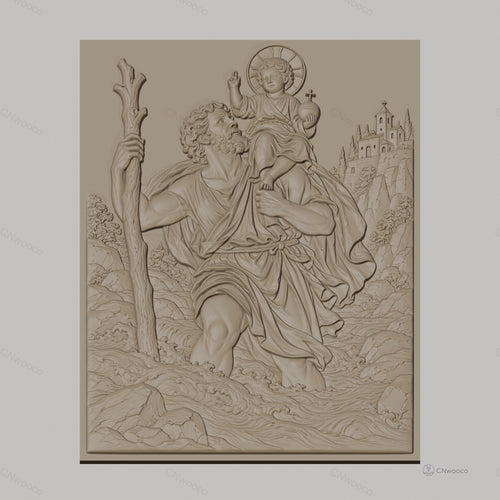 Fichier CNC & impression 3D Saint Christophe traversant rivière avec enfant, décor paysage, haute qualité relief STL