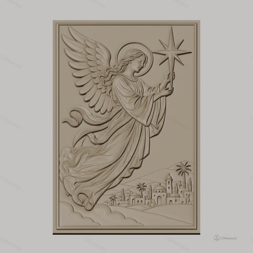 Fichier CNC & impression 3D ange avec étoile et village, haute qualité relief STL