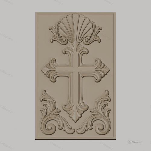 Fichier CNC & impression 3D Croix décorative, motif coquillage et volutes, haute qualité relief STL