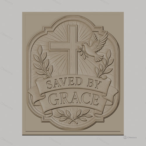 Fichier CNC & impression 3D Croix chrétienne, colombe de la paix, bannière Saved by Grace, feuillage, haute qualité relief STL