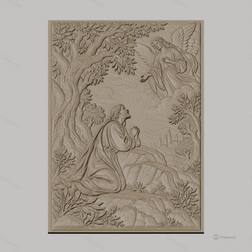Fichier CNC & impression 3D Jésus priant avec ange, arbre et paysage, haute qualité relief STL