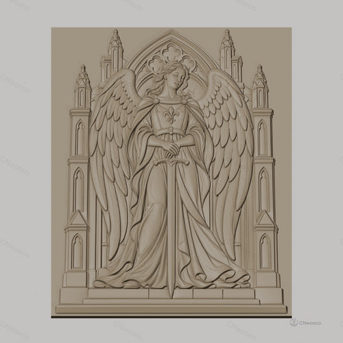 Fichier CNC & impression 3D ange gardien avec épée et architecture gothique, haute qualité relief STL