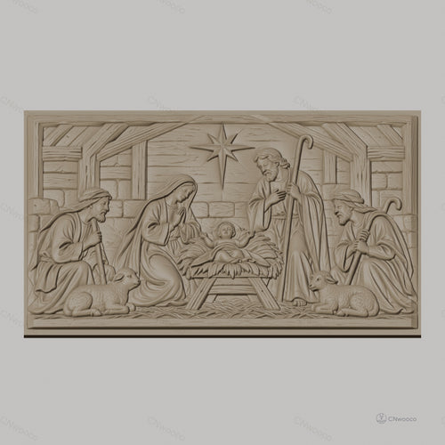 Fichier CNC & impression 3D scène de la crèche, Marie Joseph bébé Jésus étoile et moutons, haute qualité relief STL