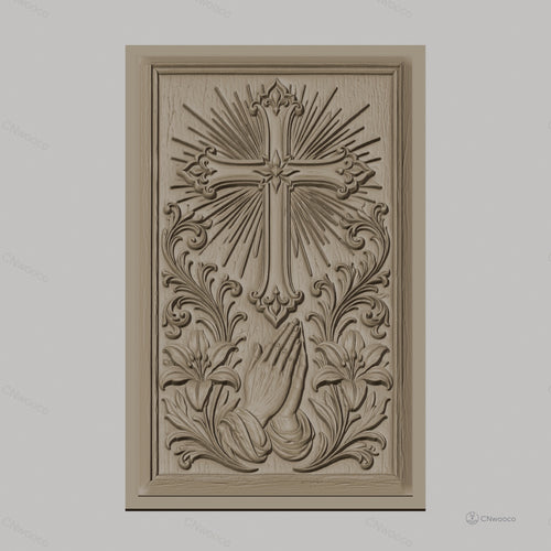 Fichier CNC & impression 3D religieux, croix, mains en prière et lys, haute qualité relief STL