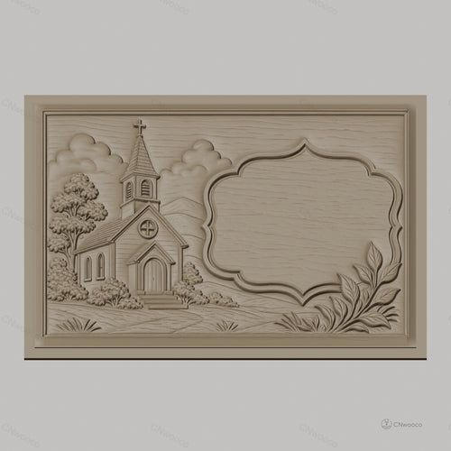 Fichier CNC & impression 3D église rurale, arbres et cadre décoratif, haute qualité relief STL