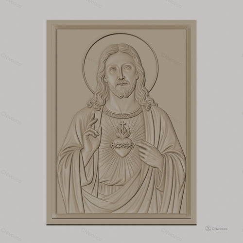 Fichier CNC & impression 3D Sacré-Cœur de Jésus, portrait religieux avec auréole et mains bénissantes, haute qualité relief STL