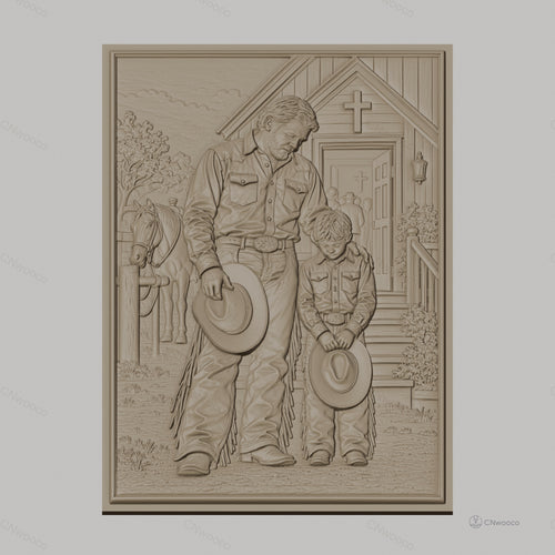 Fichier CNC & impression 3D père et fils cowboys priant devant église, cheval, croix, tenue western, haute qualité relief STL