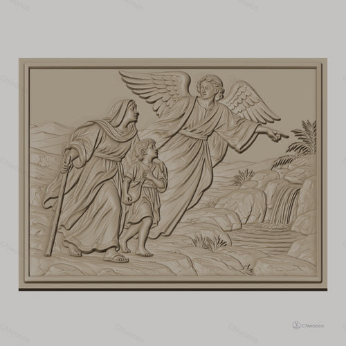 Fichier CNC & impression 3D ange gardien avec femme et enfant, paysage rocheux et cascade, haute qualité relief STL
