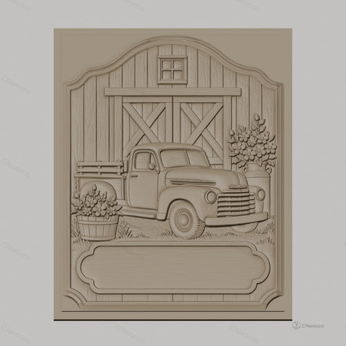 Fichier CNC & impression 3D camion ancien, grange bois, fleurs en relief, haute qualité relief STL