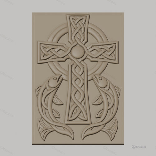 Fichier CNC & impression 3D Croix celtique avec poissons, motif entrelacé haute qualité relief STL