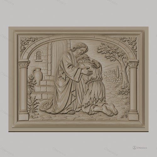 Fichier CNC & impression 3D père miséricordieux, scène biblique d’étreinte et pardon, haute qualité relief STL