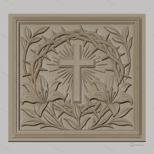 Fichier CNC & impression 3D croix chrétienne, couronne d’épines et lys, haute qualité relief STL