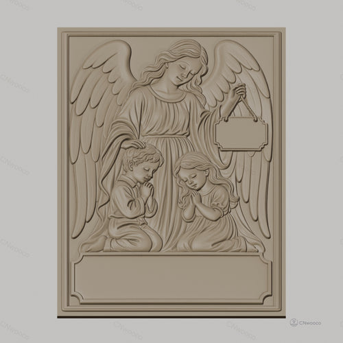 Fichier CNC & impression 3D ange gardien avec enfants priant, plaque vide, haute qualité relief STL