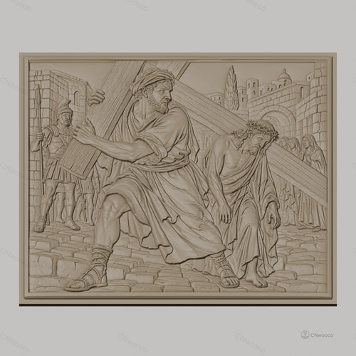Fichier CNC & impression 3D scène religieuse, Jésus portant la croix avec Simon de Cyrène, haute qualité relief STL
