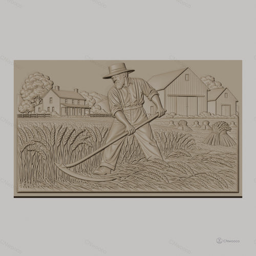 Fichier CNC & impression 3D moisson, fermier avec faux, grange et maison, haute qualité relief STL