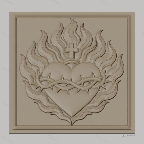 Fichier CNC & impression 3D Sacré Cœur, cœur enflammé avec couronne d'épines et croix, haute qualité relief STL