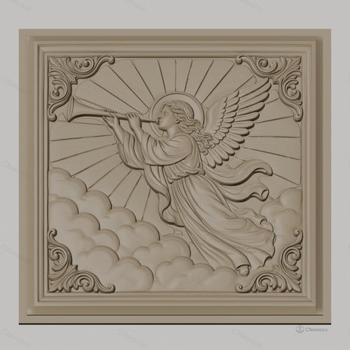 Fichier CNC & impression 3D ange trompettiste, nuages et rayons célestes, haute qualité relief STL