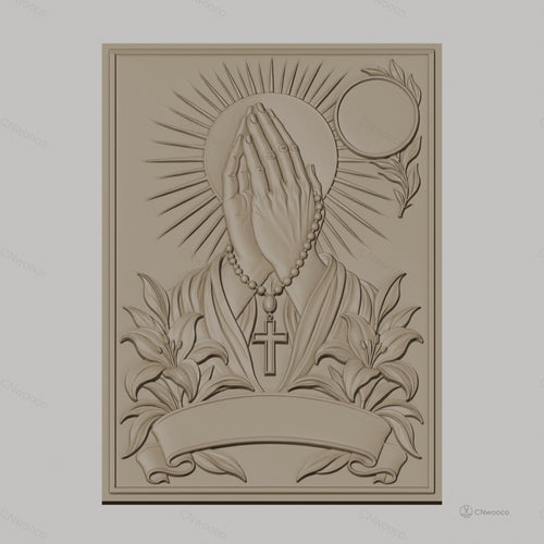 Fichier CNC & impression 3D mains en prière, chapelet, croix, lys et soleil, haute qualité relief STL
