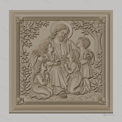 Fichier CNC & impression 3D Jésus avec enfants, scène religieuse florale, haute qualité relief STL