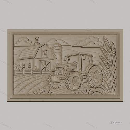 Fichier CNC & impression 3D paysage agricole, tracteur, grange, silo, épis de blé, haute qualité relief STL