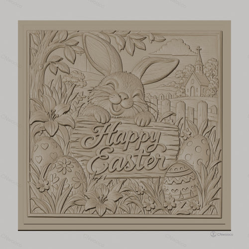Fichier CNC & impression 3D lapin de Pâques, œufs décorés, fleurs et église en arrière-plan, haute qualité relief STL