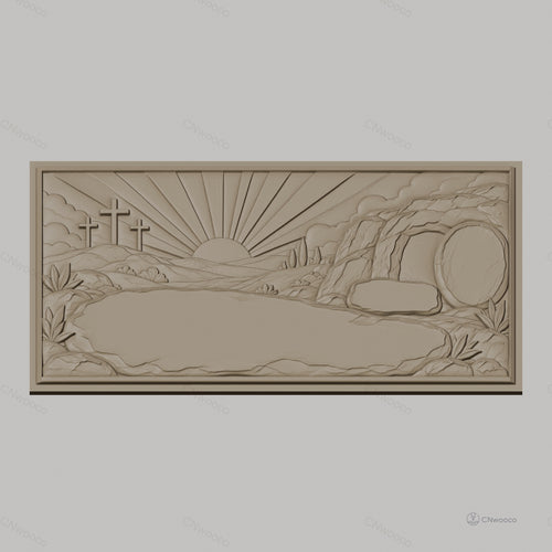 Fichier CNC & impression 3D scène de résurrection, tombeau vide, trois croix et lever de soleil, haute qualité relief STL