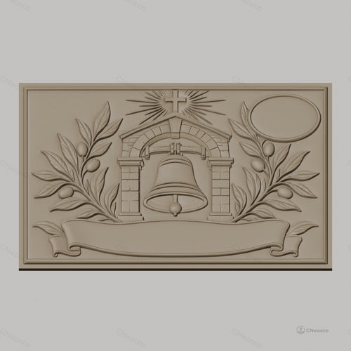 Fichier CNC & impression 3D cloche religieuse, branche d'olivier, bannière et croix, haute qualité relief STL