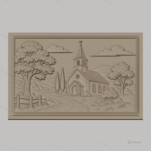 Fichier CNC & impression 3D paysage religieux avec église et arbres, haute qualité relief STL