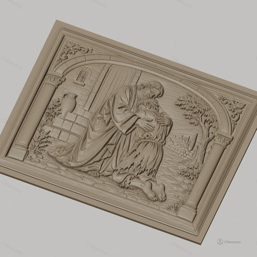 Fichier CNC & impression 3D père miséricordieux, scène biblique d’étreinte et pardon, haute qualité relief STL