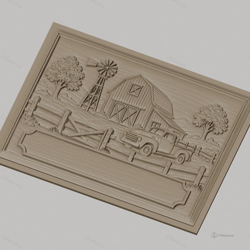 Fichier CNC & impression 3D paysage de ferme avec grange, vieux camion et moulin à vent, haute qualité relief STL