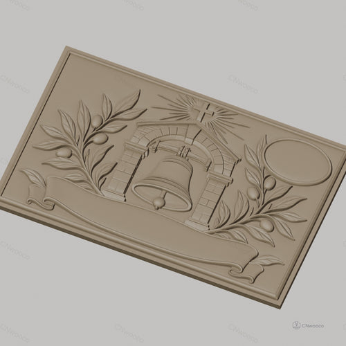 Fichier CNC & impression 3D cloche religieuse, branche d'olivier, bannière et croix, haute qualité relief STL