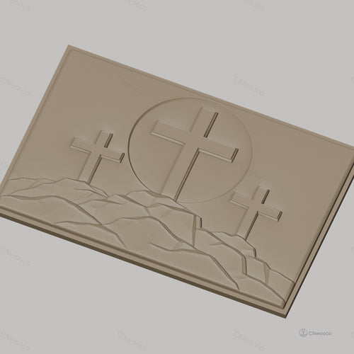 Fichier CNC & impression 3D thème religieux, trois croix sur monts, haute qualité relief STL