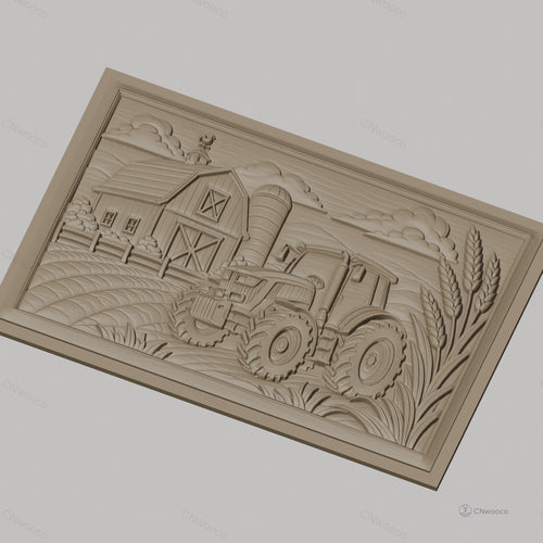 Fichier CNC & impression 3D paysage agricole, tracteur, grange, silo, épis de blé, haute qualité relief STL