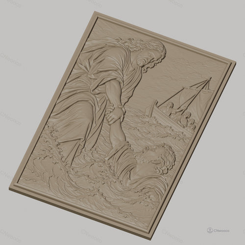 Fichier CNC & impression 3D scène Jésus sauvant Pierre, bateau, eau agitée haute qualité relief STL