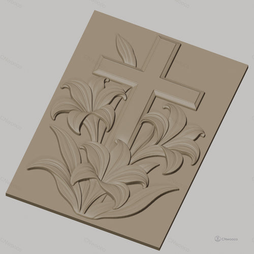Fichier CNC & impression 3D Croix avec lys et feuilles, haute qualité relief STL