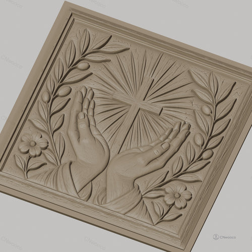 Fichier CNC & impression 3D chrétien, mains en prière, croix et feuillage floral, haute qualité relief STL