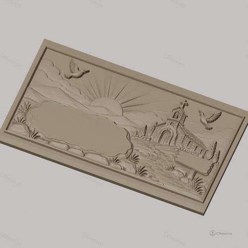 Fichier CNC & impression 3D paysage religieux avec chapelle, colombes, soleil levant, chemin de pierre, haute qualité relief STL