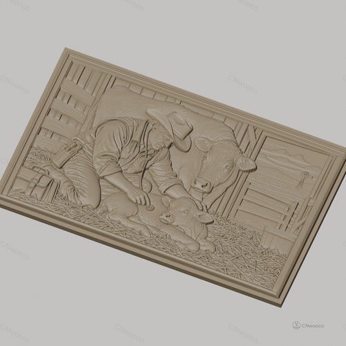 Fichier CNC & impression 3D vétérinaire et vaches, fermier médecin avec veau dans grange, haute qualité relief STL