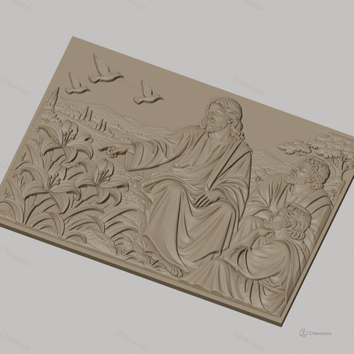 Fichier CNC & impression 3D Jésus enseignant avec disciples, fleurs et colombes, haute qualité relief STL