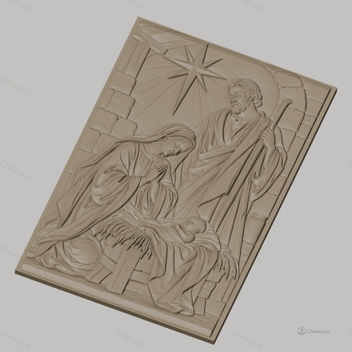 Fichier CNC & impression 3D scène de la nativité, Marie Joseph et bébé Jésus avec étoile, haute qualité relief STL