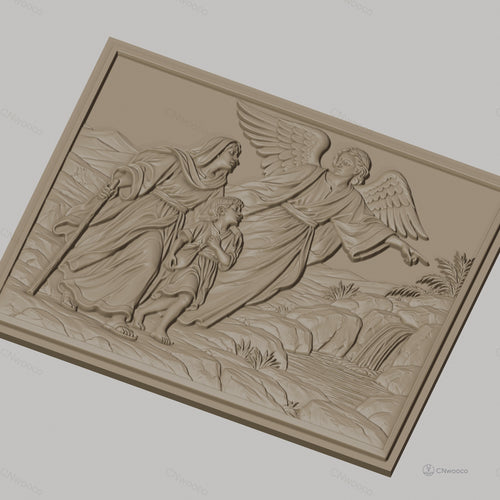 Fichier CNC & impression 3D ange gardien avec femme et enfant, paysage rocheux et cascade, haute qualité relief STL