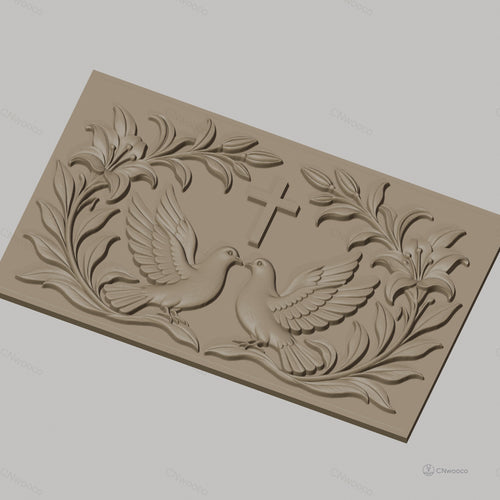 Fichier CNC & impression 3D motif religieux, colombes, croix et fleurs, haute qualité relief STL
